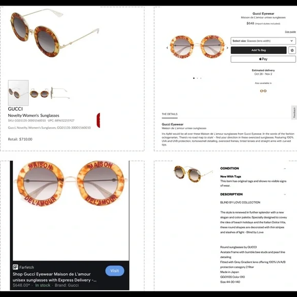 GUCCI UNSEX “ HOUSE OF LOVE HAVANA & PEARL LINE DETAILING ROUND SUNGLASSES